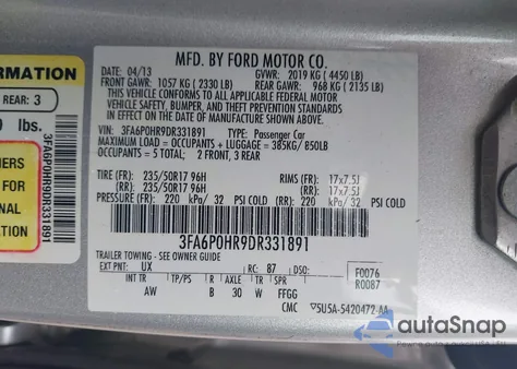 2013 Ford Fusion Se from USA, damaged, VIN 3FA6P0HR9DR331891